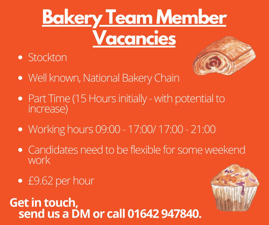 🧁 Bakery Team Member Vacancies 🧁

For more information, send us a DM, email employability@thirteengroup.co.uk or call 01642 947840.