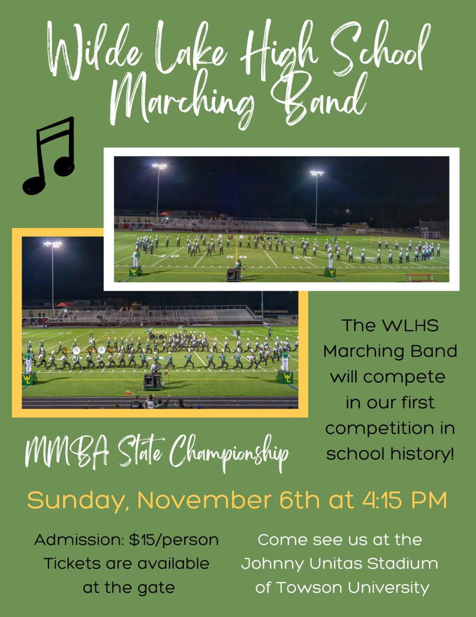 The Wilde Lake HS Marching Band will be competing in the Maryland Marching Band Association State Championships on Sunday, November 6th at Johnny Unitas Stadium at Towson University. The cost of admission is $15.