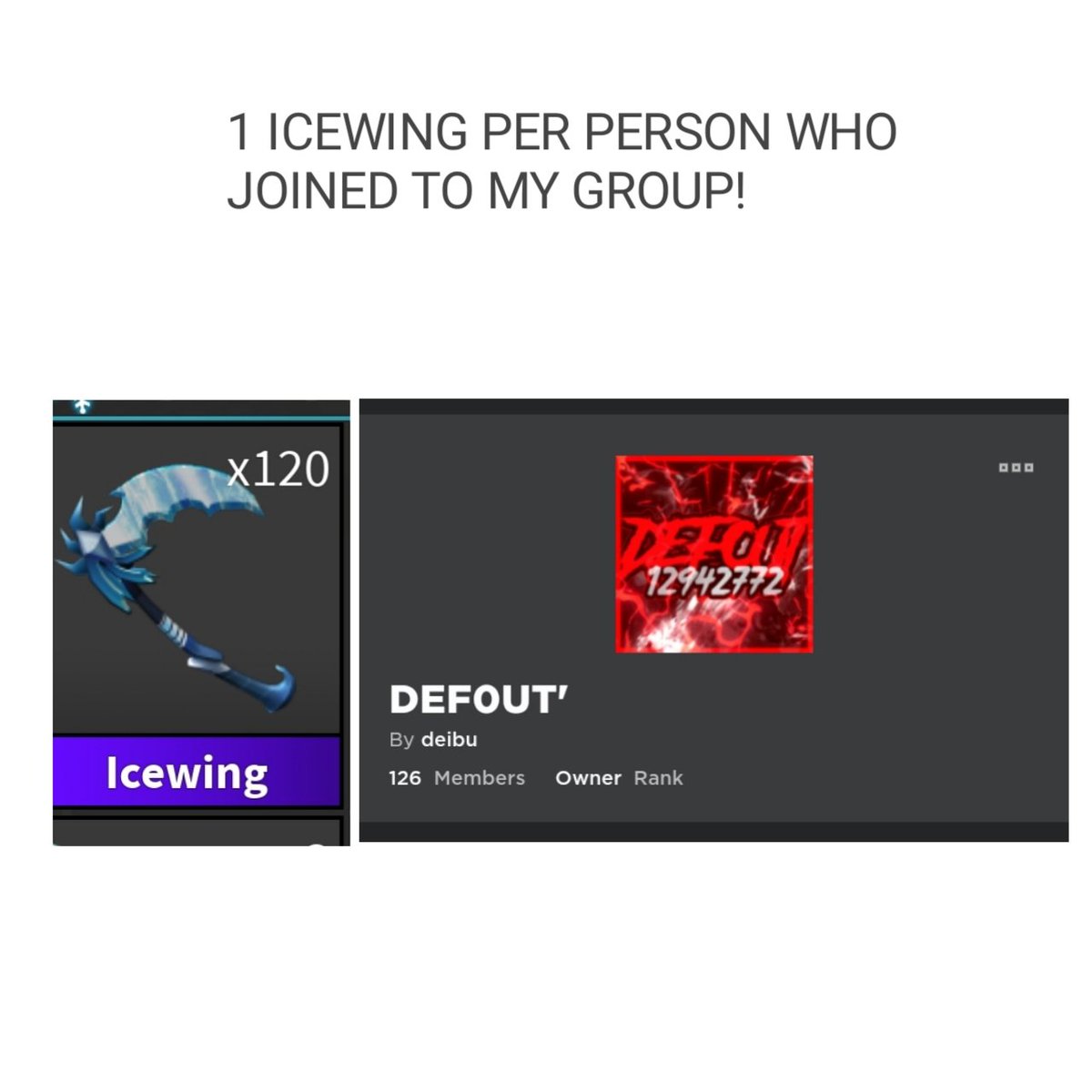 since im quiting mm2 ima giving away icewing just join to my group
Note: 1 icewing per player who join!
Drop a screenshot you've been on my group and your user name!🤭
Retweet are appreciated
#mm2roblox #ROBLOX
