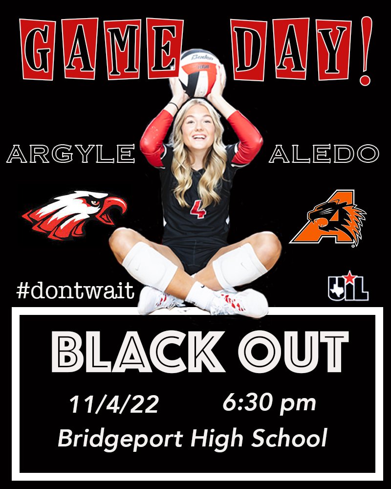 IT'S GAME DAY!!
🏆 Area
🏐 vs. Aledo
📅 Friday, November 4th
⏰ 6:30 PM
📍 Bridgeport HS
🎟 bridgeportisd.net/onlinetickets
👕 BLACK OUT
🎉 BE THERE & BE LOUD!!!
📻 meridix.com/event/219608

#dw2022