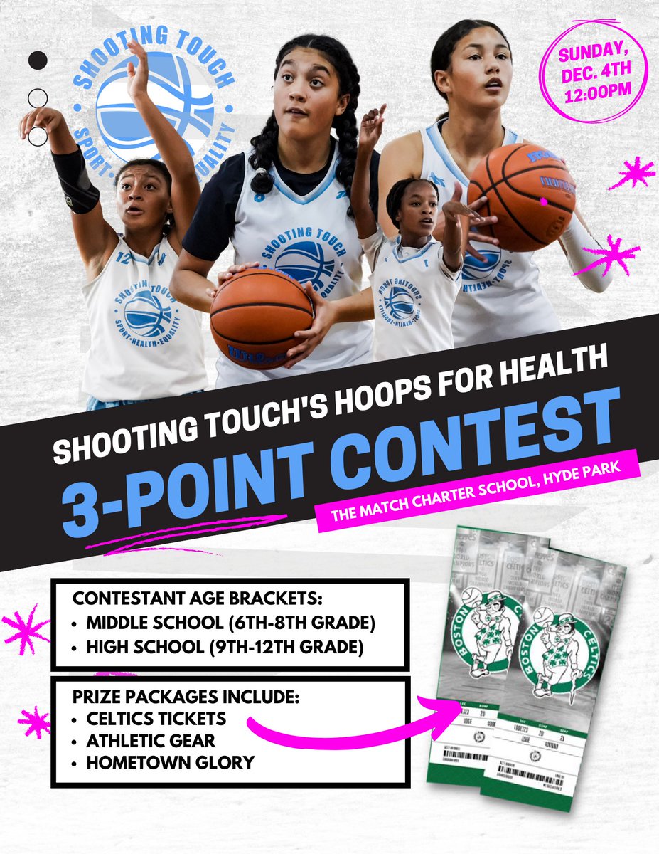 ShootingTouch's tweet photo. Registration is now open for @ShootingTouchโs 3-Point Shooting Contest, part of our 4th Annual #HoopsForHealth Basketball Tournament on Dec. 4! All girls grade 6-12 are welcome - sign up for FREE to compete against other talented female basketball players from the Boston area. https://t.co/K077v4kK4d