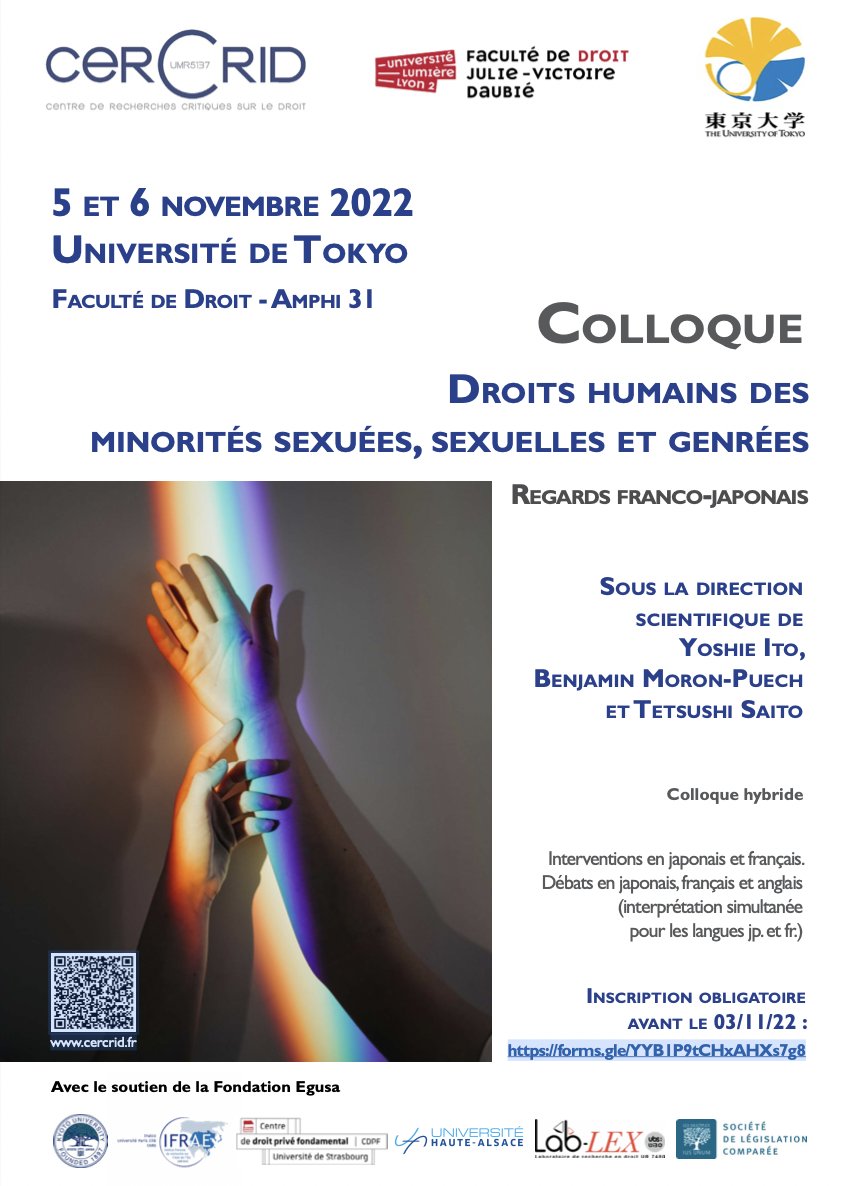JimmyChr's tweet photo. C'est demain (et dimanche), heures japonaises ! Colloque à l'Université de Tokyo sur les "Droits humains des minorités sexuées, sexuelles et genrées. Regards franco-japonais". Immense merci à B. Moron-Puech et T. Saito pour toute l'organisation et cette belle invitation https://t.co/E63xZ6X01e