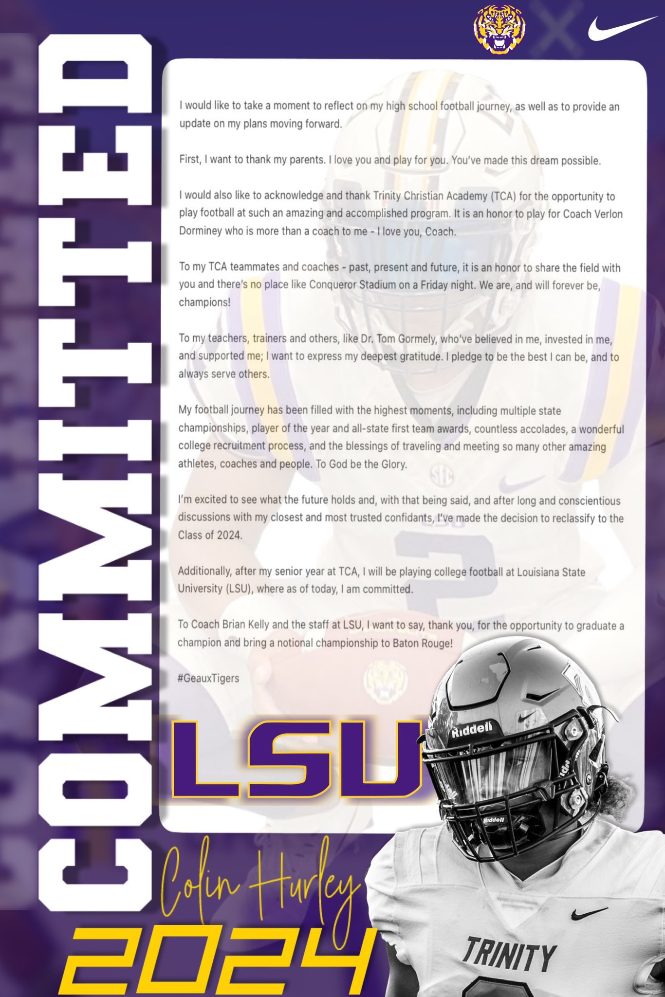 Colin Hurley, the No. 2 QB in the 2025 class, has committed to LSU