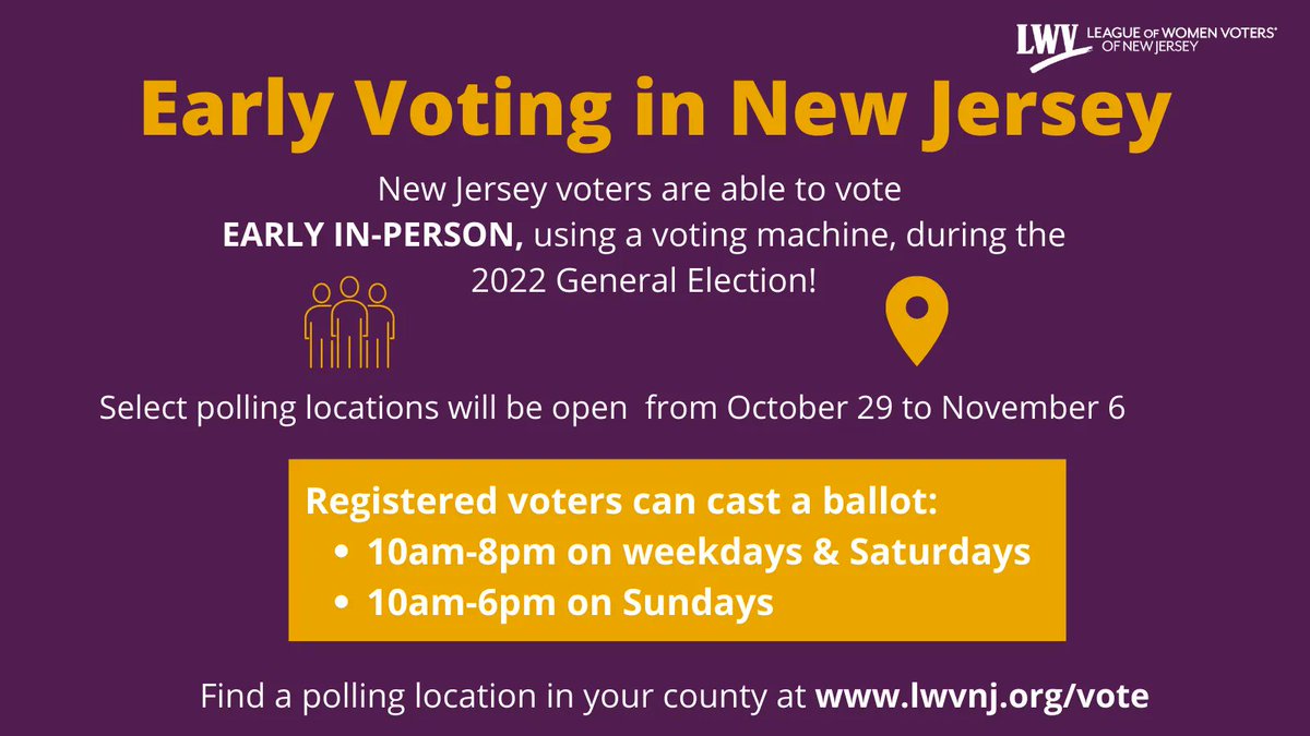 Weekends were made for voting! Get out the vote this weekend for the final days of the early voting period. Polls will be open from 10am-8pm today (11/4) and tomorrow (11/5) and from 10am-6pm on Sunday (11/6). Visit lwvnj.org/vote for early voting polling locations.