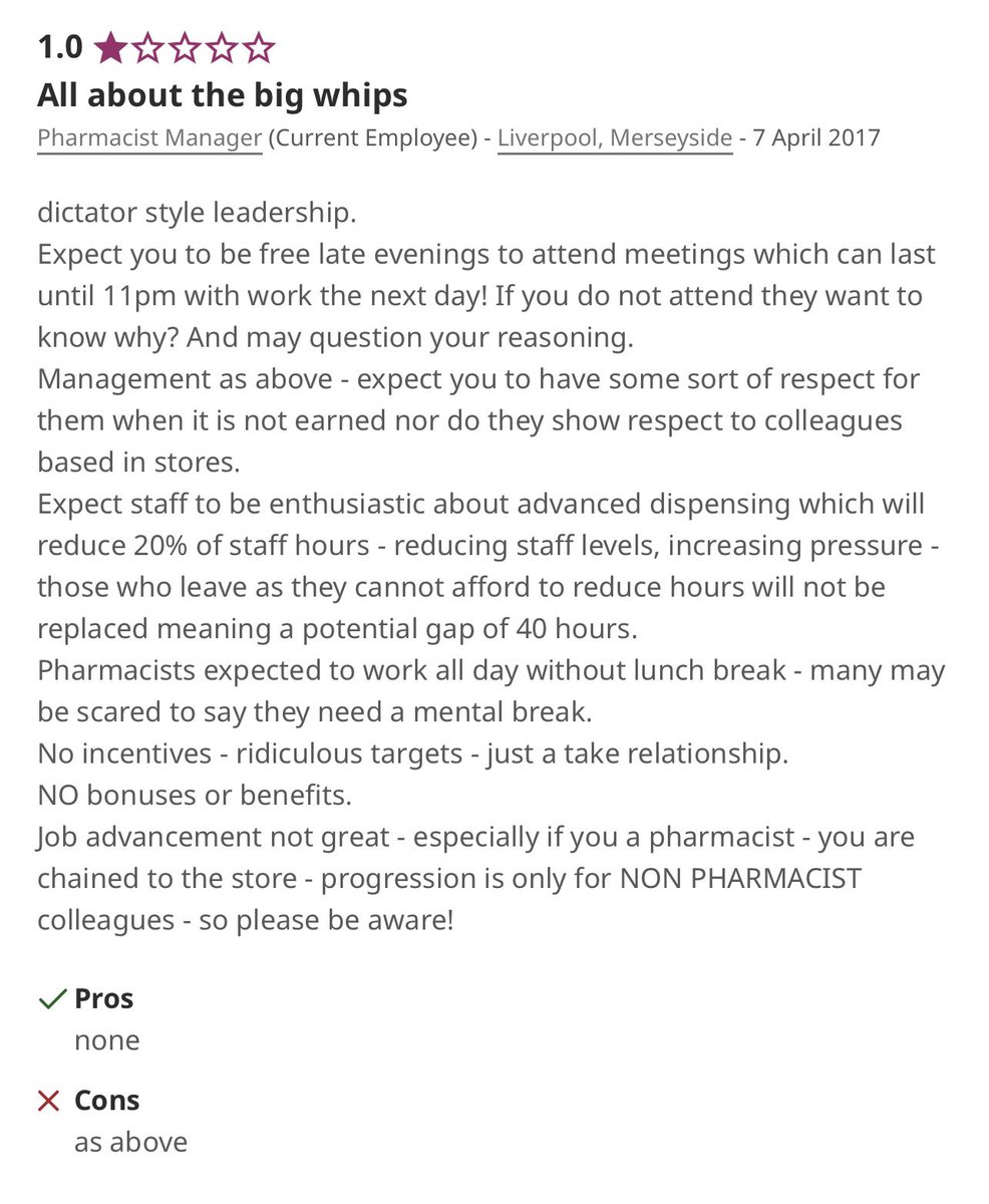 Anonpharm1's tweet photo. @IndeedUK reviews of @wellpharmacy paints a horrifying picture of working conditions. General theme being poor working conditions, understaffed stores, poor senior management and profits of patients attitude. @TheGPhC some clear cases of 2.1-2.6 premises standard breaches here. https://t.co/WjzhBkZn0w