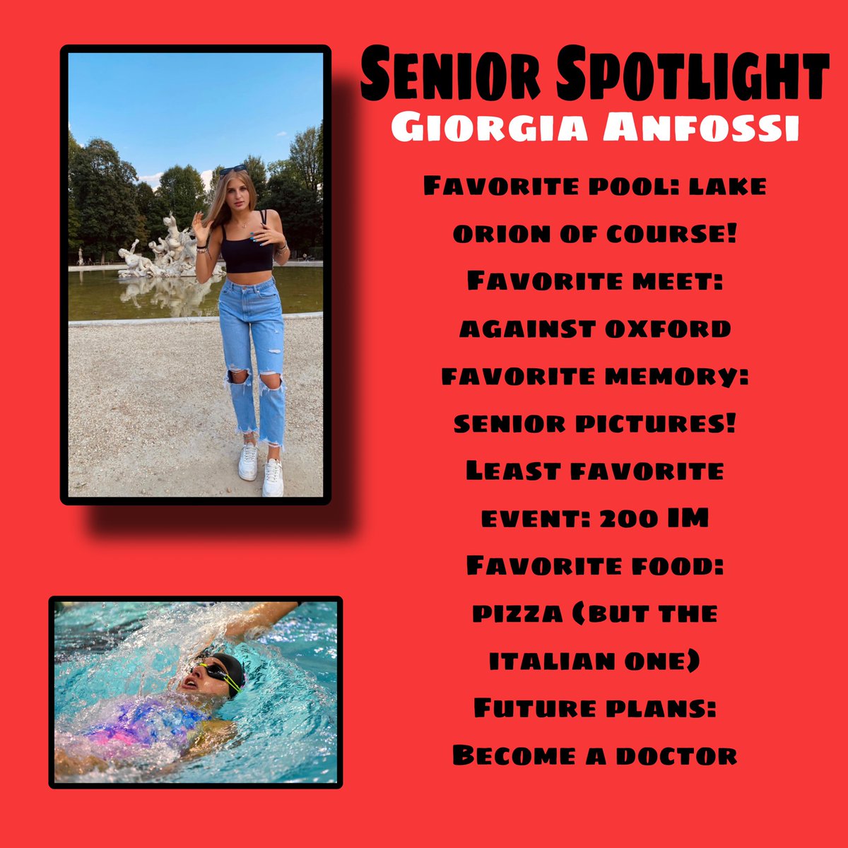 Our next Senior Spotlight: Giorgia Anfossi! Gio is a swimmer and a foreign exchange student from Italy! This is her first year on the team :)