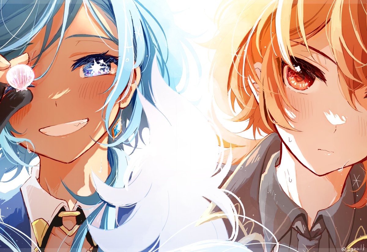 kaeya (genshin impact) 2boys male focus multiple boys blue hair blue eyes bangs red eyes  illustration images