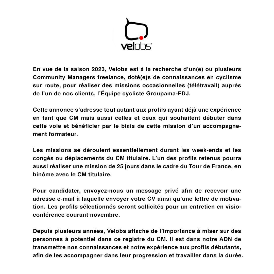 La saison 2023 se prépare chez Velobs ! Nous recherchons des profils de Community Managers freelance, envoyez votre DM si ça vous intéresse 🙏