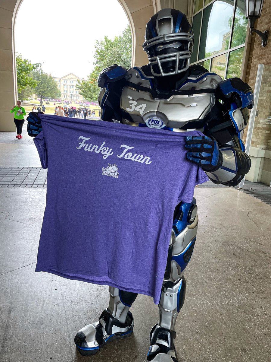 TCU_Athletics's tweet image. The Fox Sports crew and Cleatus are in the campus commons giving away swag. This shirt 👇 will also be available to students at the game Saturday.

#GoFrogs