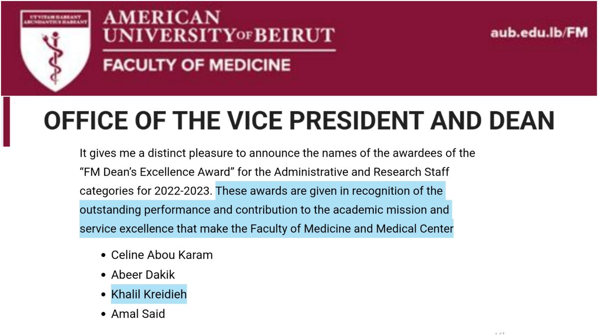 khalil_kreidieh's tweet photo. Honored to be receiving the  FM Dean’s Excellence Award 🎖 in recognition of #outstanding performance &amp; contribution to the academic mission &amp; service #excellence @AUB_Lebanon FM &amp; @AUBMC_Official. Thanks to VP/Dean Ray Sawaya for this Award &amp; to the entire Leadership of FM &amp; AUB https://t.co/9uozZOHqH6