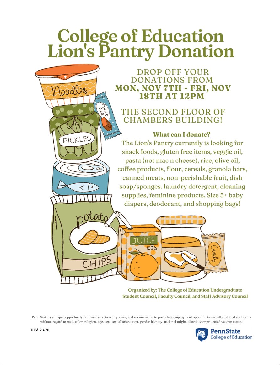 Penn State College of Education Student Council (@psu_esc) on Twitter photo Happy Friday <a href="/PSU_CollegeOfEd/">Penn State College of Education</a> ! The College of Education is proud to be hosting a food drive for the Lion’s Pantry running from Monday, November 7 through Friday, November 18. All donations can be brought to the second floor of Chambers Building! 💙 Happy Friday <a href="/PSU_CollegeOfEd/">Penn State College of Education</a> ! The College of Education is proud to be hosting a food drive for the Lion’s Pantry running from Monday, November 7 through Friday, November 18. All donations can be brought to the second floor of Chambers Building! 💙