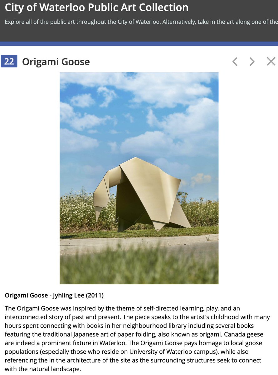 Since you asked, <a href="/2B_ONAIR/">Brian Bourke</a> my fave piece in the <a href="/CreateWaterloo/">Create Waterloo</a> public art collection is the huge Orgami Goose at the Harper <a href="/WaterlooLibrary/">Waterloo Public Library</a> 
And yes, more is better!