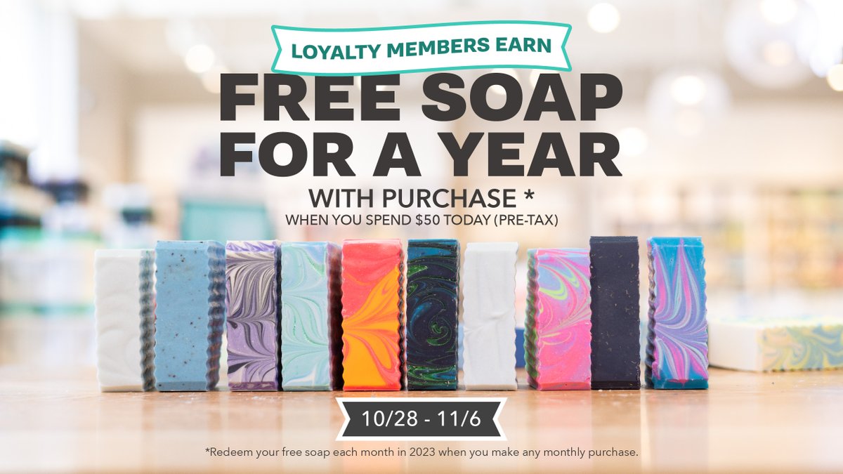 🚨Spend $50 (pre-tax), Get FREE Soap Bars for a YEAR!🚨 Rewards members must spend $50 during 10/28/22-11/6/22 to be eligible. In-store only. Redeem your free soap each month in 2023 when you make any monthly purchase. Additional terms &amp; conditions apply. buffcitysoap.com/pages/promotio…