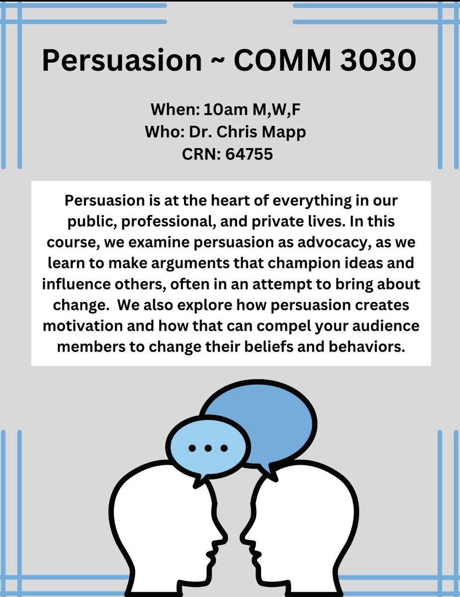 UlmComm's tweet image. Learn more about our Persuasion class! This course teaches how to manage persuasion in influential and ethical ways in order to motivate your audience toward desired beliefs and behaviors. #ulmcommprogram