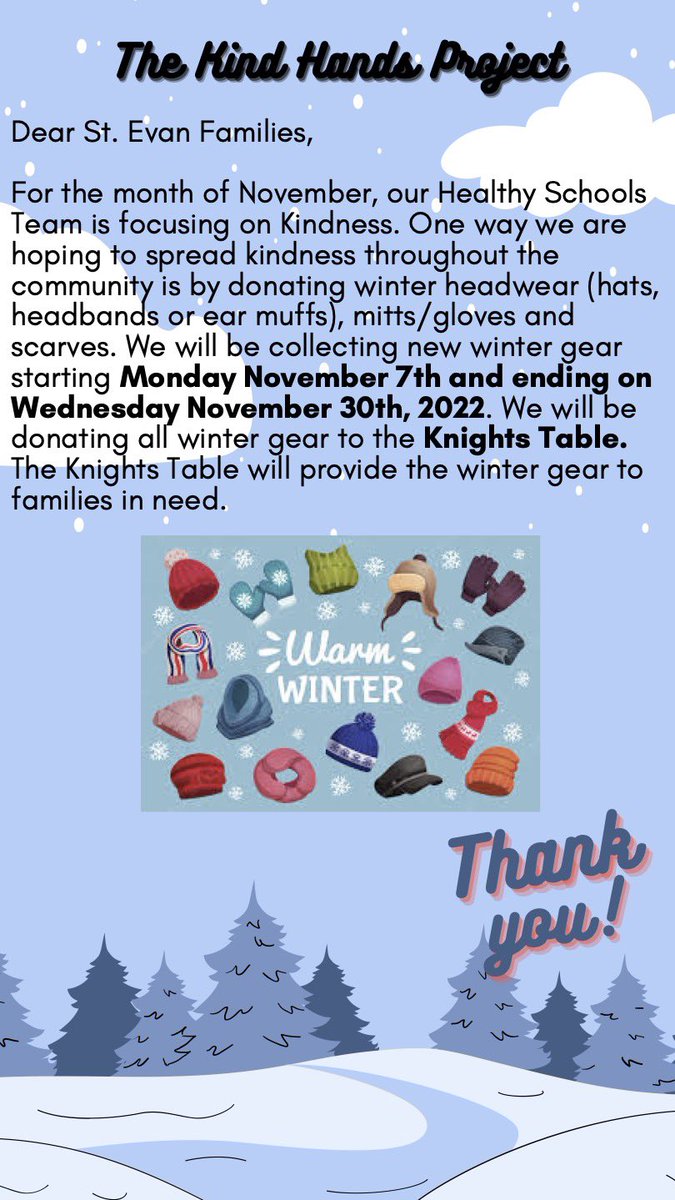 Dear Eagles, during the month on November the Healthy Schools Team will be collecting winter gear to help those in need. Please see the attached poster for more information on The Kind Hands Project 🧣🧤🦅<a href="/St_EVAN_Caledon/">St. Evan Catholic Elementary School</a> #HSCert <a href="/opheacanada/">Ophea</a>
