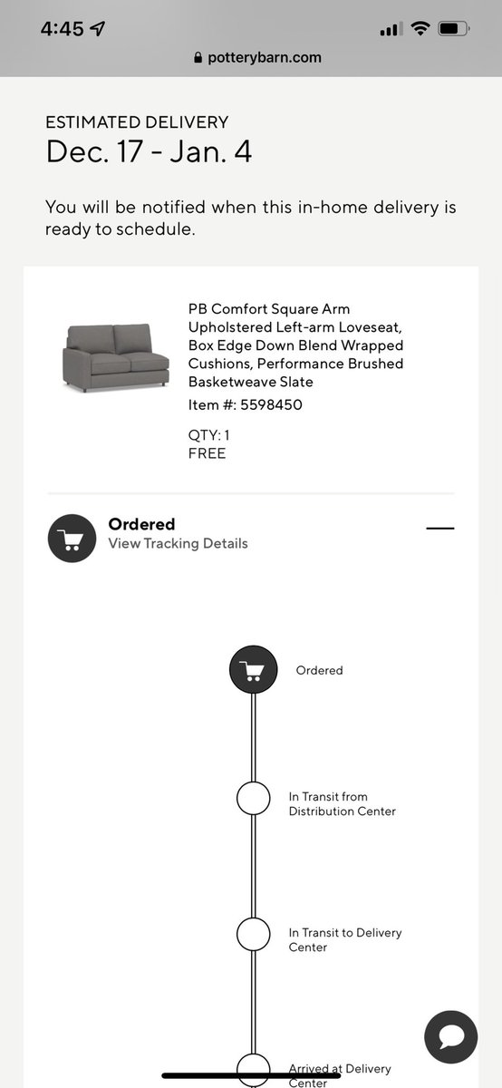 VbluebirdL's tweet photo. @BelleAndBanjo @jayciesmom @potterybarn Ordered a sectional in Jan 2022, fully paid.  Multiple contacts with customer service, recently delivered but only half of it! The delivery service said it was at the distribution center.  It was never made. Will have waited a year to receive my complete couch from @potterybarn https://t.co/7mKCEDG7gb