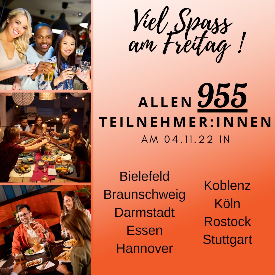 F2Fdating's tweet photo. Wir wünschen allen 955 Teilnehmern einen wunderbaren Abend!🥳👌 #Bielefeld #Braunschweig #Darmstadt #Essen #Hannover #Koblenz #Köln  
#Rostock #Stuttgart #dating #partnersuche https://t.co/QTVLslc9MZ