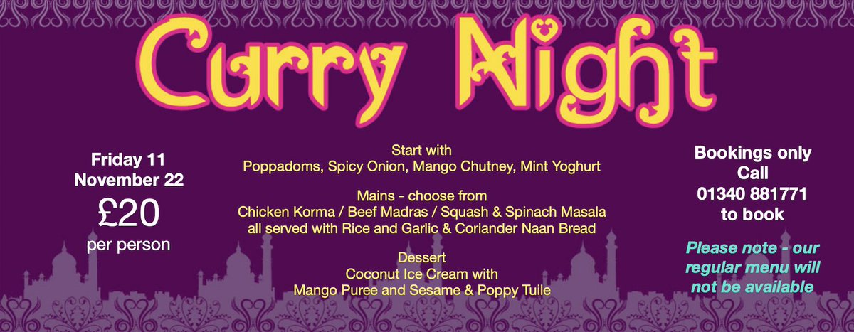 Curry Night here at The Mash Tun next Friday - 11 November 2022.  Bookings Only - please call us on 01340 881771 to reserve your space.  Set menu £20 per person.
#CurryNight #CurryandaDram 🍛🥃
(please note - our regular menu will not be available that day).