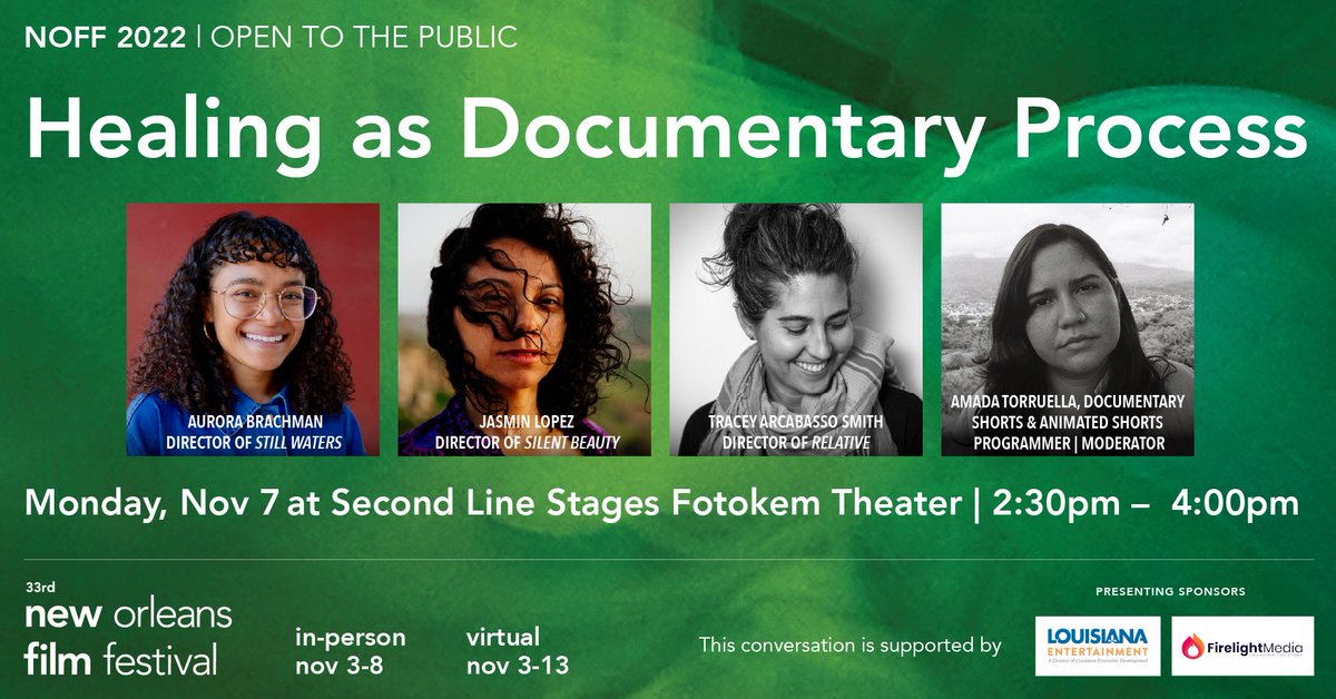 firelightmedia's tweet image. On Monday, November 7 at 2:30pm, #DocLabAlum and #ImpactCampaignFund grantee @JasminMara (@silentbeautydoc) joins the FREE panel discussion &quot;Healing as Documentary Process.&quot; neworleansfilmsociety.org/film-guide/ #NOFF2022