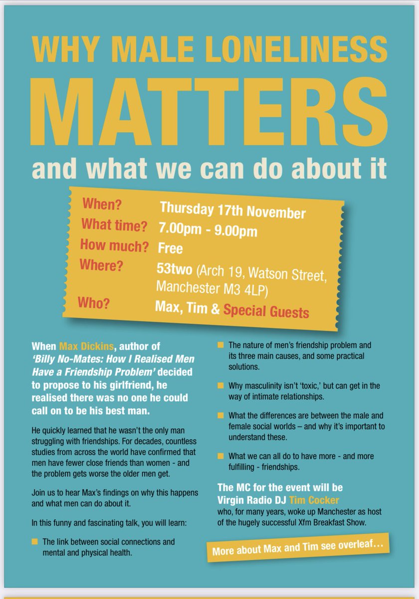 Adele Owen QPM (@adeleandmaddie) on Twitter photo Please join us <a href="/53two/">53two</a> on the 17th November for what will be a funny but important evening about the impact of loneliness on men and what we can all do about it. Loneliness is a serious health issue. #shiningalightonsuicide #MensHealthAwarenessMonth <a href="/NHS_GM/">NHS Greater Manchester</a> <a href="/MayorofGM/">Mayor of Greater Manchester</a> <a href="/GM_ICP/">GM Integrated Care Partnership</a> Please join us <a href="/53two/">53two</a> on the 17th November for what will be a funny but important evening about the impact of loneliness on men and what we can all do about it. Loneliness is a serious health issue. #shiningalightonsuicide #MensHealthAwarenessMonth <a href="/NHS_GM/">NHS Greater Manchester</a> <a href="/MayorofGM/">Mayor of Greater Manchester</a> <a href="/GM_ICP/">GM Integrated Care Partnership</a>