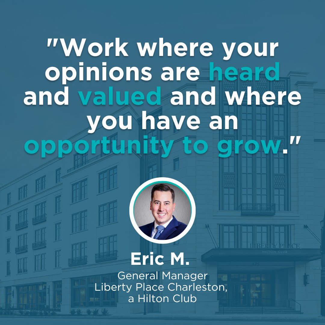 ellismichaelc's tweet photo. A positive work culture and excellent benefits program sets Hilton Grand Vacations apart. See what my fellow team member, Eric M., the general manager at Liberty Place Charleston, a Hilton Club, says about HGV's culture of excellence. https://t.co/wMczKCixdS #HGVEmployee #Travel https://t.co/GV1lzEQuLV