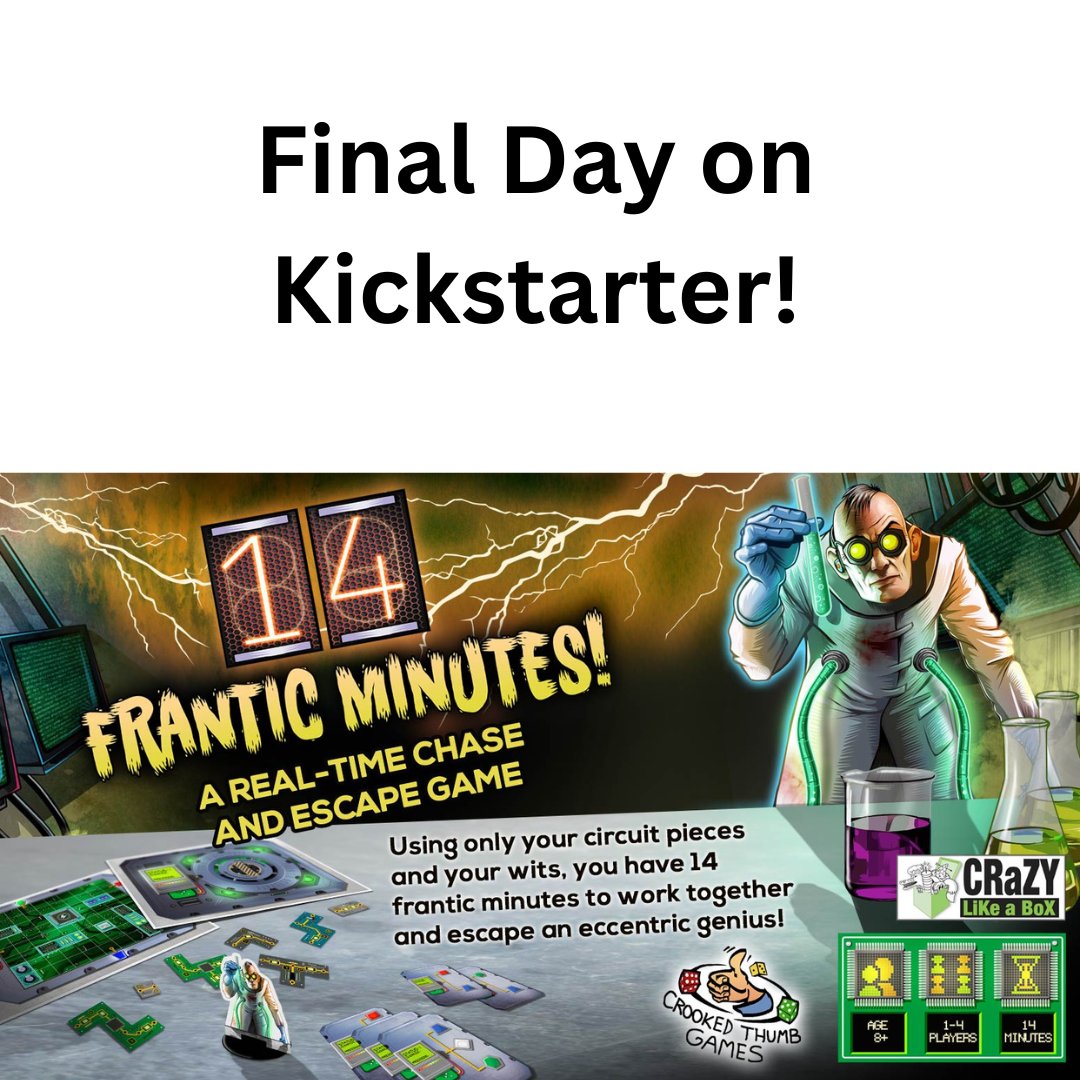 Last chance to join the Kickstarter campaign for this puzzle-y chase and escape game, 14 Frantic Minutes!

kickstarter.com/projects/crazy…