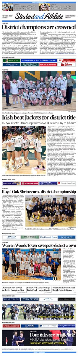 StudentandAthlete (@studentathlete) on Twitter photo Friday, Nov. 4, 2022, front page of StudentandAthlete.org
studentandathlete.org/110422_athlete…
Michigan's premier source of high school sports news.
<a href="/NDPMA/">Notre Dame Prep</a> <a href="/NDPMA_Athletics/">NDPMA Athletics</a> <a href="/NDPvball/">NDP Volleyball</a> <a href="/ShrineSports/">Shrine Sports</a> <a href="/Shrine_Schools/">Shrine Schools</a> Friday, Nov. 4, 2022, front page of StudentandAthlete.org
studentandathlete.org/110422_athlete…
Michigan's premier source of high school sports news.
<a href="/NDPMA/">Notre Dame Prep</a> <a href="/NDPMA_Athletics/">NDPMA Athletics</a> <a href="/NDPvball/">NDP Volleyball</a> <a href="/ShrineSports/">Shrine Sports</a> <a href="/Shrine_Schools/">Shrine Schools</a>