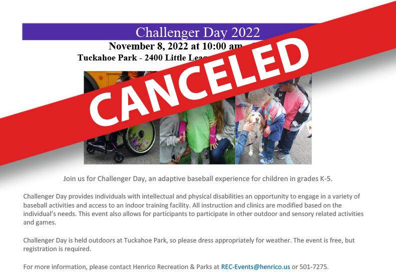 CANCELED: We are sorry to announce that Challenger Day 2022, scheduled for Nov. 8, has been canceled. Henrico County Recreation and Parks decided to call off this year's event because of low enrollment. Thanks to everyone who signed up to participate. We hope to see you in 2023!