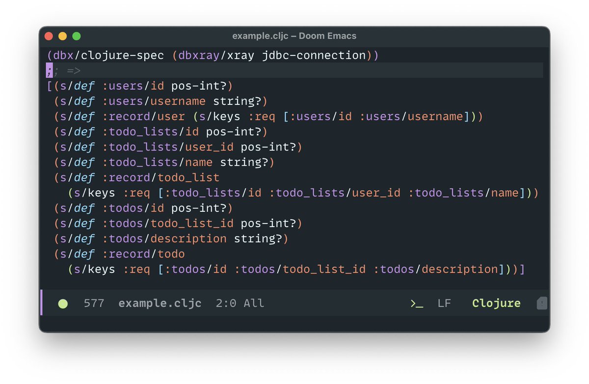 nonrecursive's tweet photo. 🎉 Announcing dbxray, a #Clojure library that provides metadata for JDBC dbs and uses that to generate specs or schemas you can copy into your codebase: https://t.co/KvUVpp2yWz https://t.co/g1w3bB5b3Q