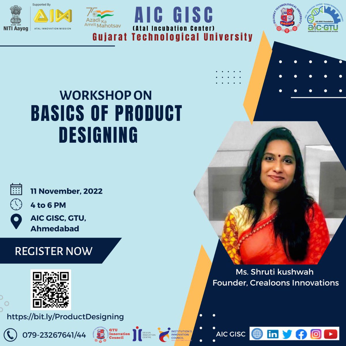 Aicgisc's tweet photo. AIC GISC, Gujarat Technological University is organizing a workshop on Product Designing by Ms. @ShrutiKushwah (Founder, Crealoons Innovations)Interested are requested to register on link or QR.
https://t.co/UnlAwuIimw https://t.co/PqFssDKgje