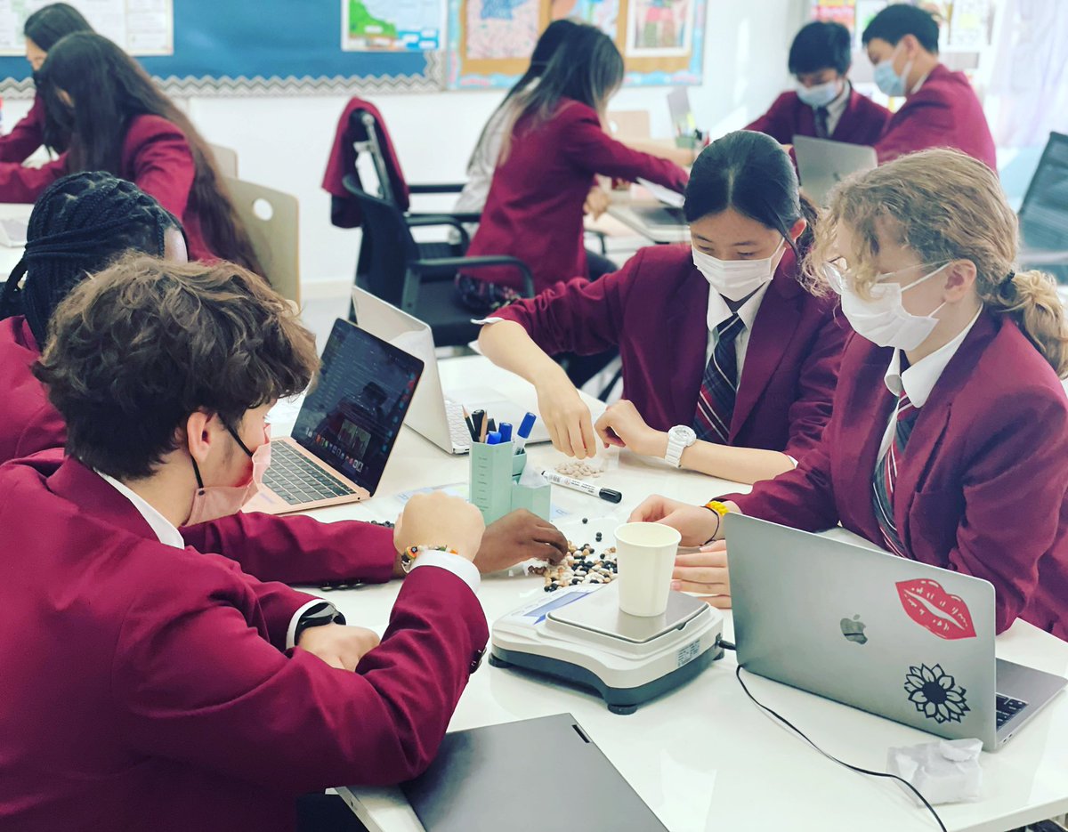 Students use beans as models for atoms in the classic ‘Beanium’ lab activity to learn about average atomic mass for more experiential learning. #myCISB