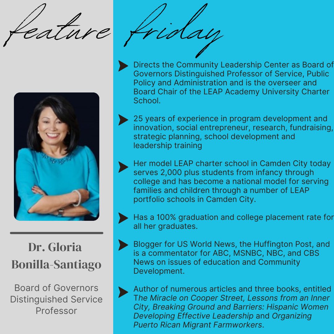 Today is #featurefriday and we are recognizing Dr. Gloria Bonilla-Santiago for her commitment to the MPA program! To learn more about her outstanding research and accomplishments, please visit clc.camden.rutgers.edu