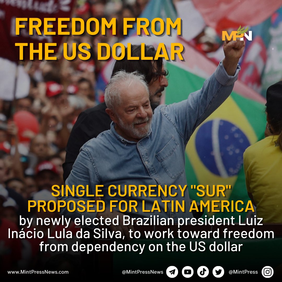 MintPressNews's tweet photo. Brazilian President-elect Luiz Inácio Lula da Silva is planning to create a pan-Latin American currency to break dependency on the US dollar. https://t.co/v5GfXX9N9E