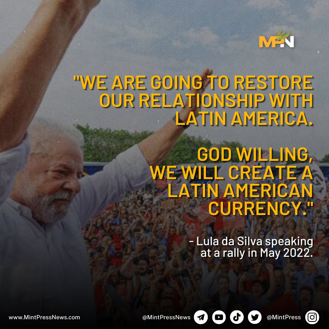 MintPressNews's tweet photo. Brazilian President-elect Luiz Inácio Lula da Silva is planning to create a pan-Latin American currency to break dependency on the US dollar. https://t.co/v5GfXX9N9E