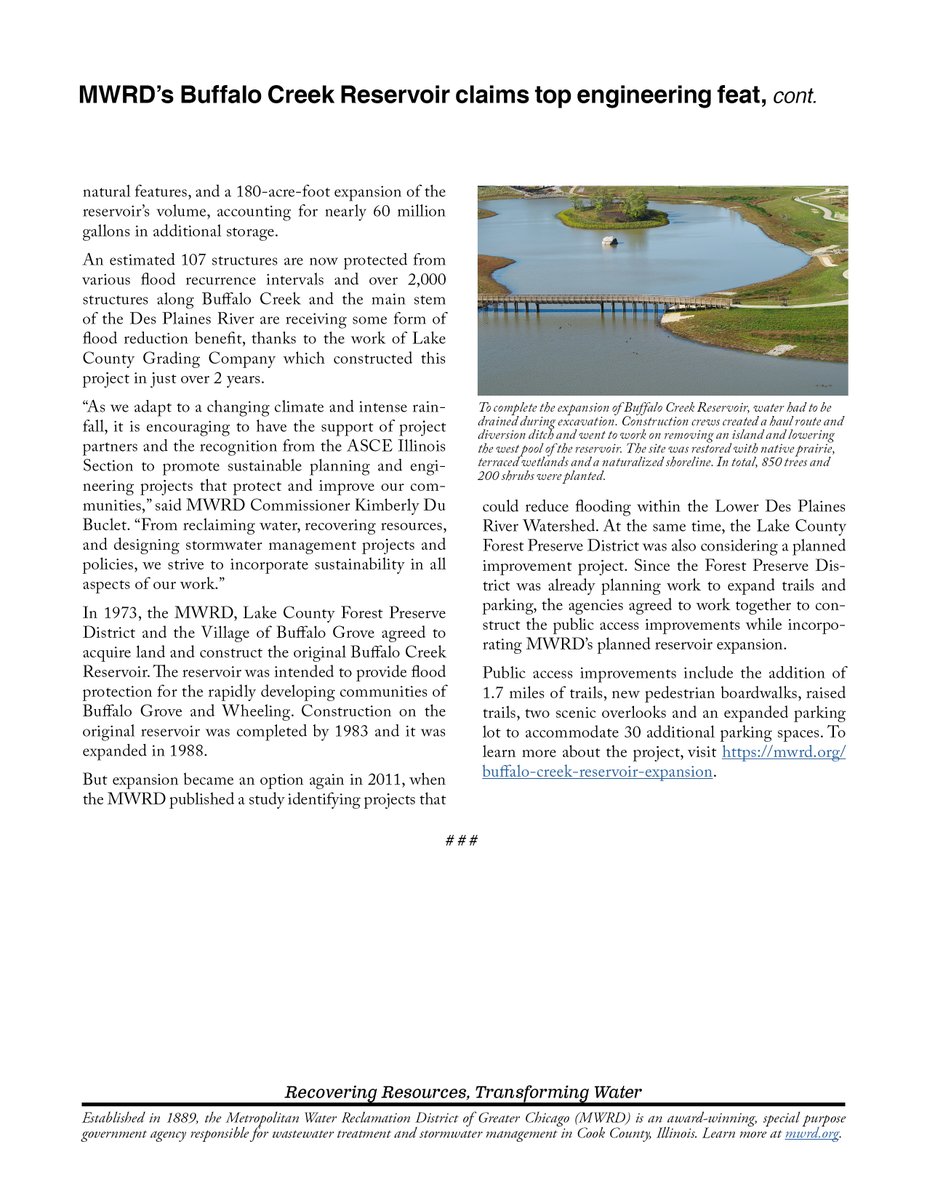 MWRDGC's tweet photo. 🏆An MWRD/Hey &amp; Associates stormwater management project at Buffalo Grove Reservoir that protects downstream neighbors &amp; enhances natural spaces has claimed the 2022 @IS_ASCE  Sustainability in Civil Engineering Achievement Award. Read more here: https://t.co/TAF2eKGvD1 https://t.co/U7j7r09vVR