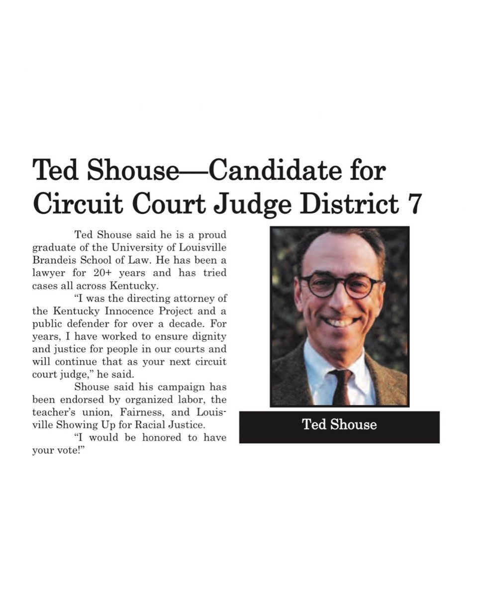 Check out our ad in the Jewish Community Newspaper and candidate profile in the Louisville Defender Newspaper! #tedshouseforjudge