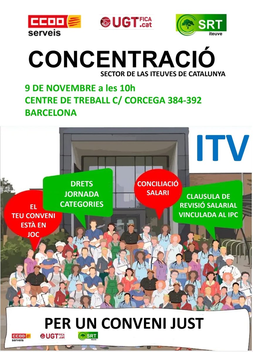 TGNugtficat's tweet photo. 🔴El proper dimecres 9 de novembre, concentració de les treballadores i treballadors👥📢 del sector de les #ITV de Catalunya👇🏼
⌚10 hores
📍C/ Còrcega 384-393
📌Barcelona
#PerUnConveniJust📑
#SalariOConflicte🔥 https://t.co/jBAaZbch9Q