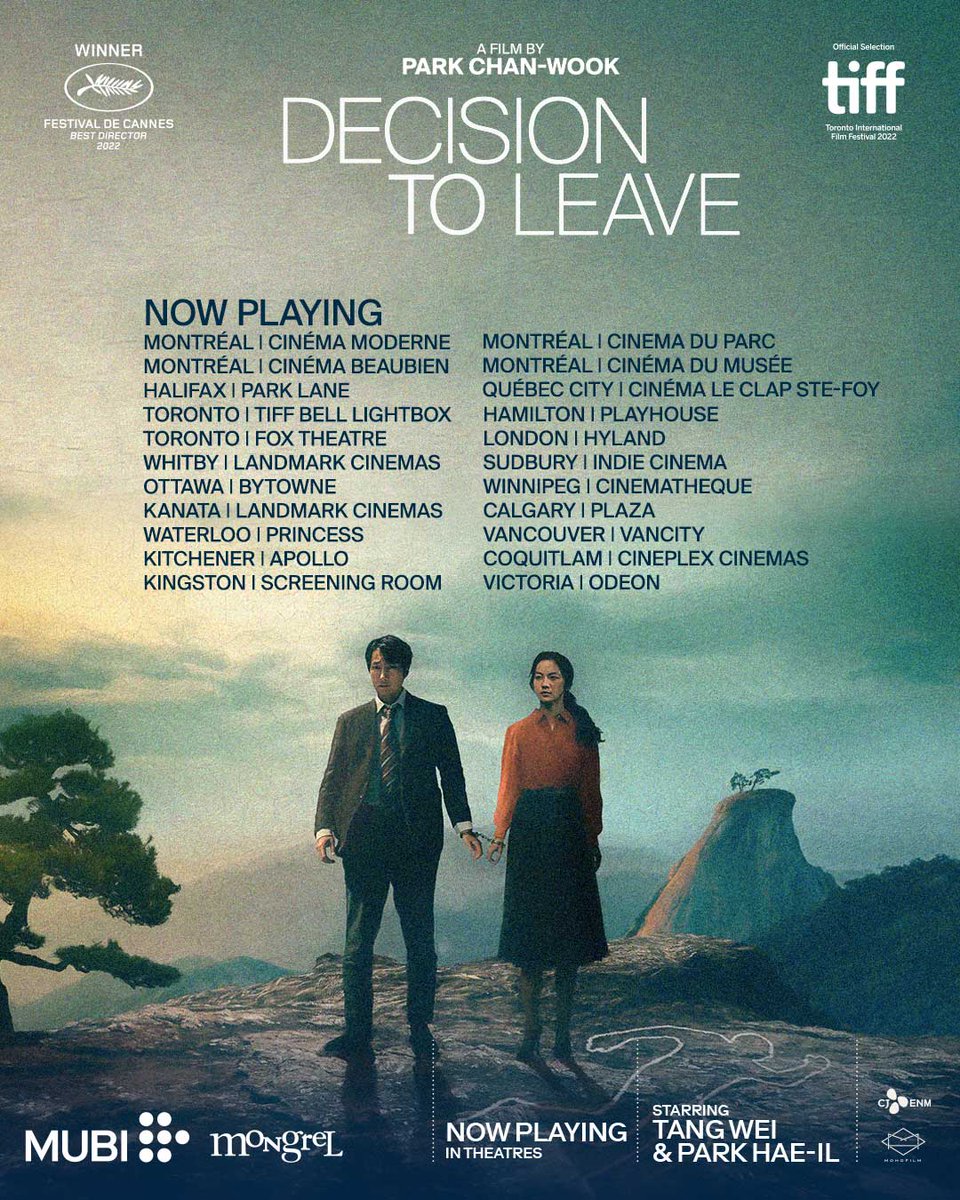 MongrelMedia's tweet photo. Park Chan-wook's #DecisonToLeave is NOW PLAYING in select theatres across Canada! Get your tickets NOW! https://t.co/uJaJ1bP31j