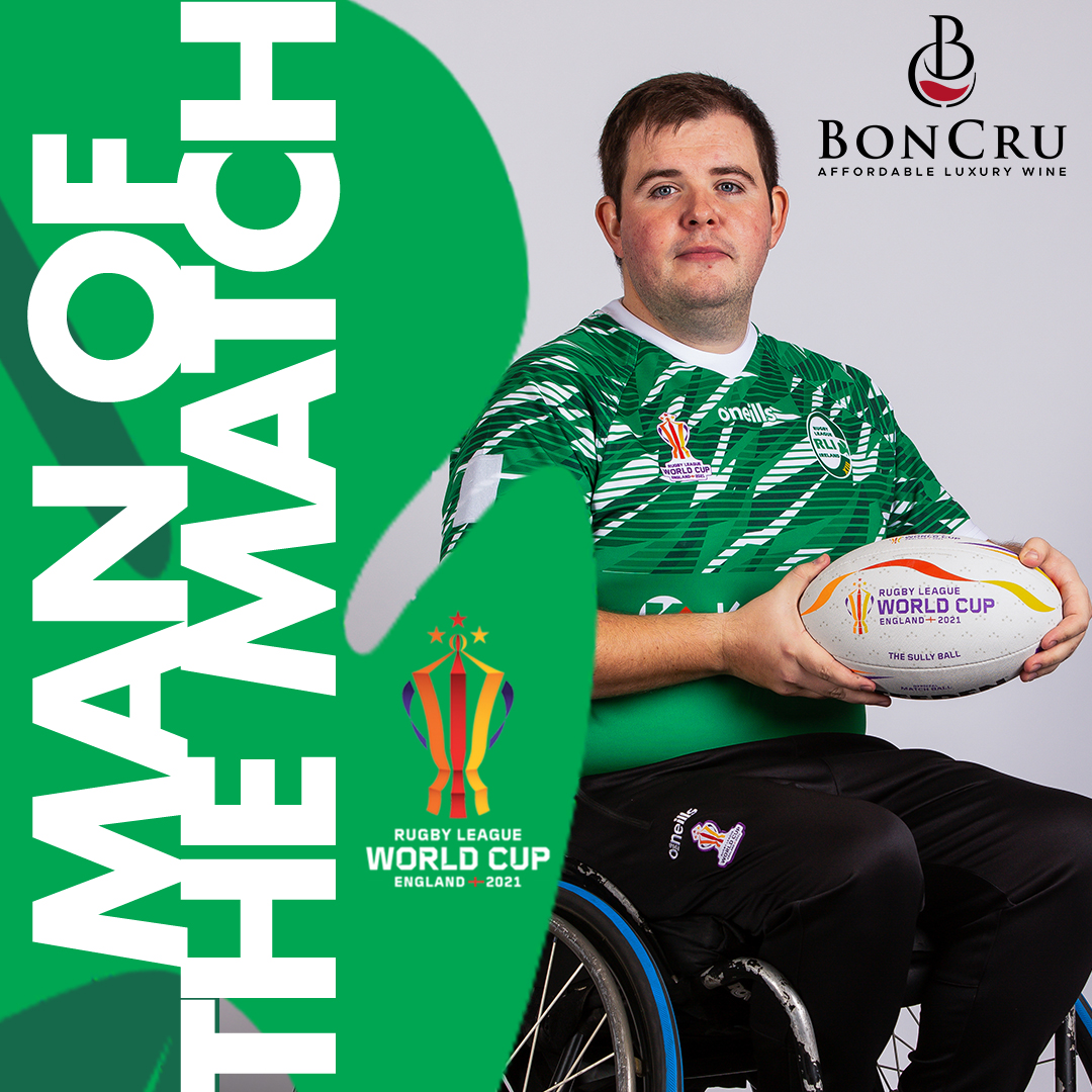 Irelandrl's tweet photo. โญ๏ธ What a performance from the Irish skipper Peter Johnston, with four tries in the opening game of the tournament for @RLIWheelchair!
He is the @BonCruWines Man of the Match!
#IrelandRL โข #RLWC2021 https://t.co/FPrM0D7qiO