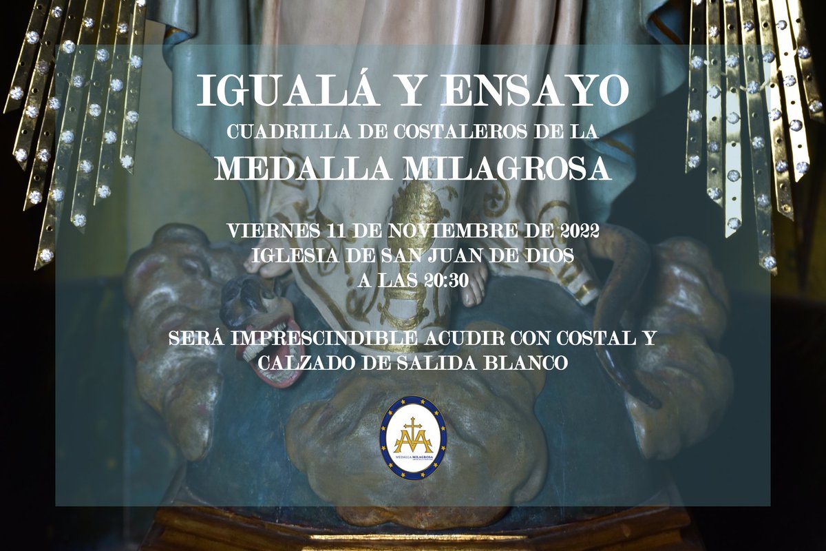 El próximo viernes 11 de noviembre se celebrará la igualá de la cuadrilla de costaleros de la Medalla Milagrosa. Una imagen que como cada año procesionará a finales del presente mes. 

#actualidadcarc