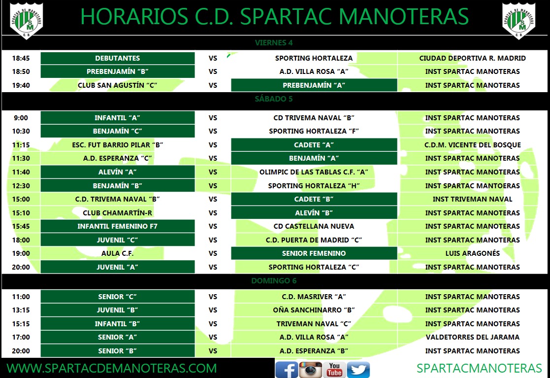CDSpartacM's tweet photo. NUESTROS HORARIOS DE ESTE FIN DE SEMANA #VamosSpartac https://t.co/OLZFGGHEhc
