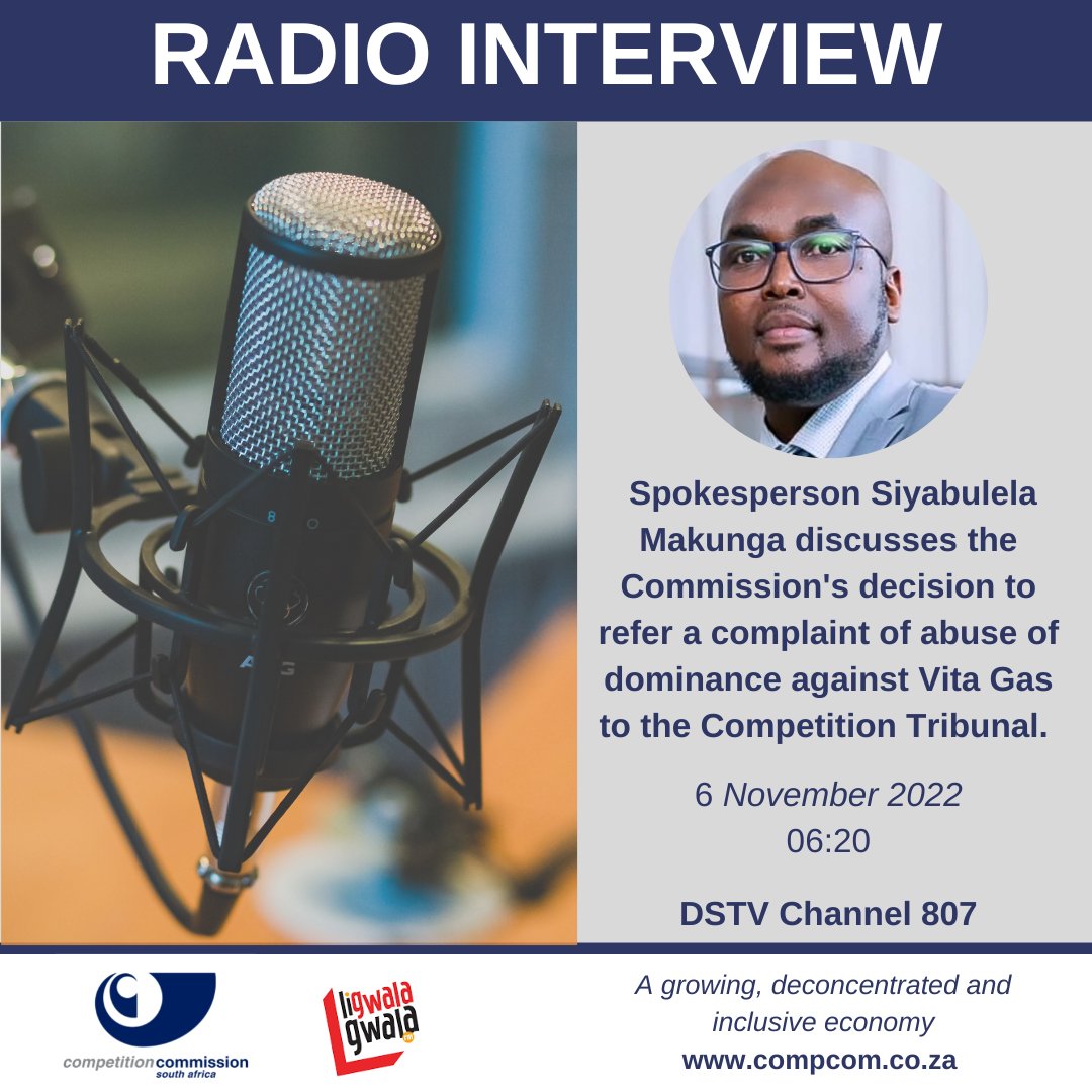 CompComSA's tweet photo. 📻 Tune in to @ligwalagwalaFM tomorrow morning at 06:20 to hear why the Commission is concerned that an exclusive agreement may be limiting competition in the LPG supply market in WC. #CompCom Spokesperson @Ciamakunga will unpack the decision to refer the matter to @comptrib. https://t.co/UpZSCHcXiY