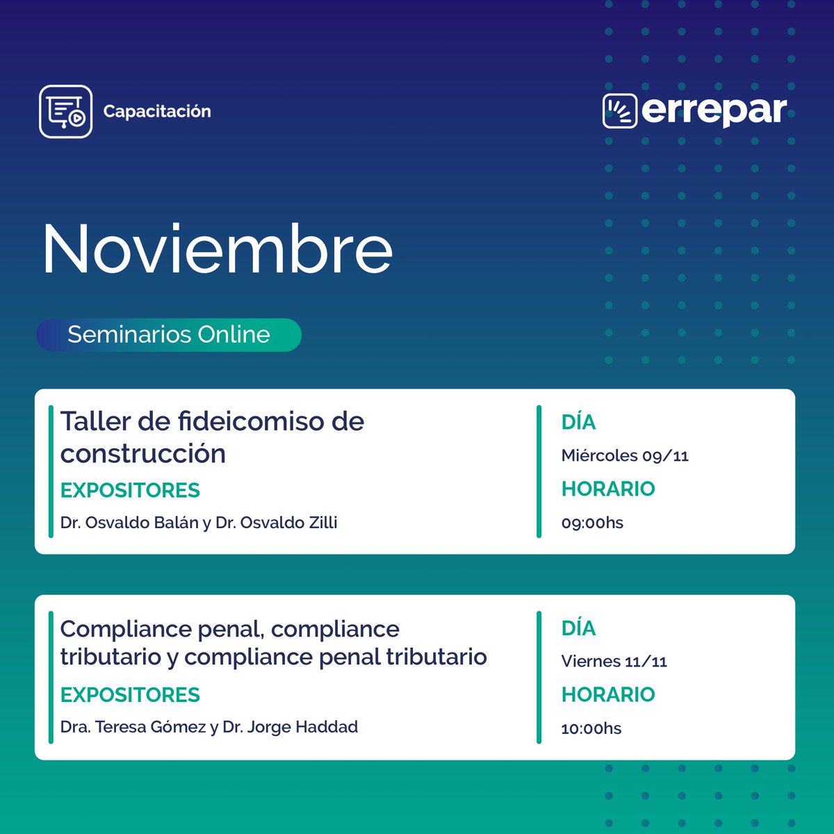 Buenos dias a todos, los invito a participar del seminario de capacitacion que estare dando junto con 
<a href="/te_gomez/">Teresa Gomez</a> y <a href="/errepar/">Errepar</a> sobre "Compliance penal, compliance tributario y compliance penal tributario"