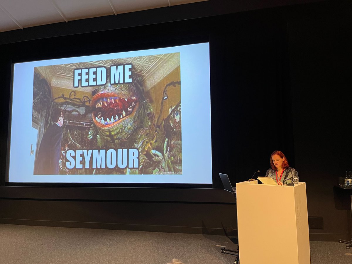 AerialSheila's tweet photo. I thoroughly enjoyed speaking on the DOS Project & scanning with robots at the @AHFAP conference in Edinburgh yesterday, & I think the audience got a kick out of the anthropomorphised robot stories & my very professional "Feed Me Seymour" slide. #ahfap22 #robots #ncap #dosproject https://t.co/R9WsoiuLuk