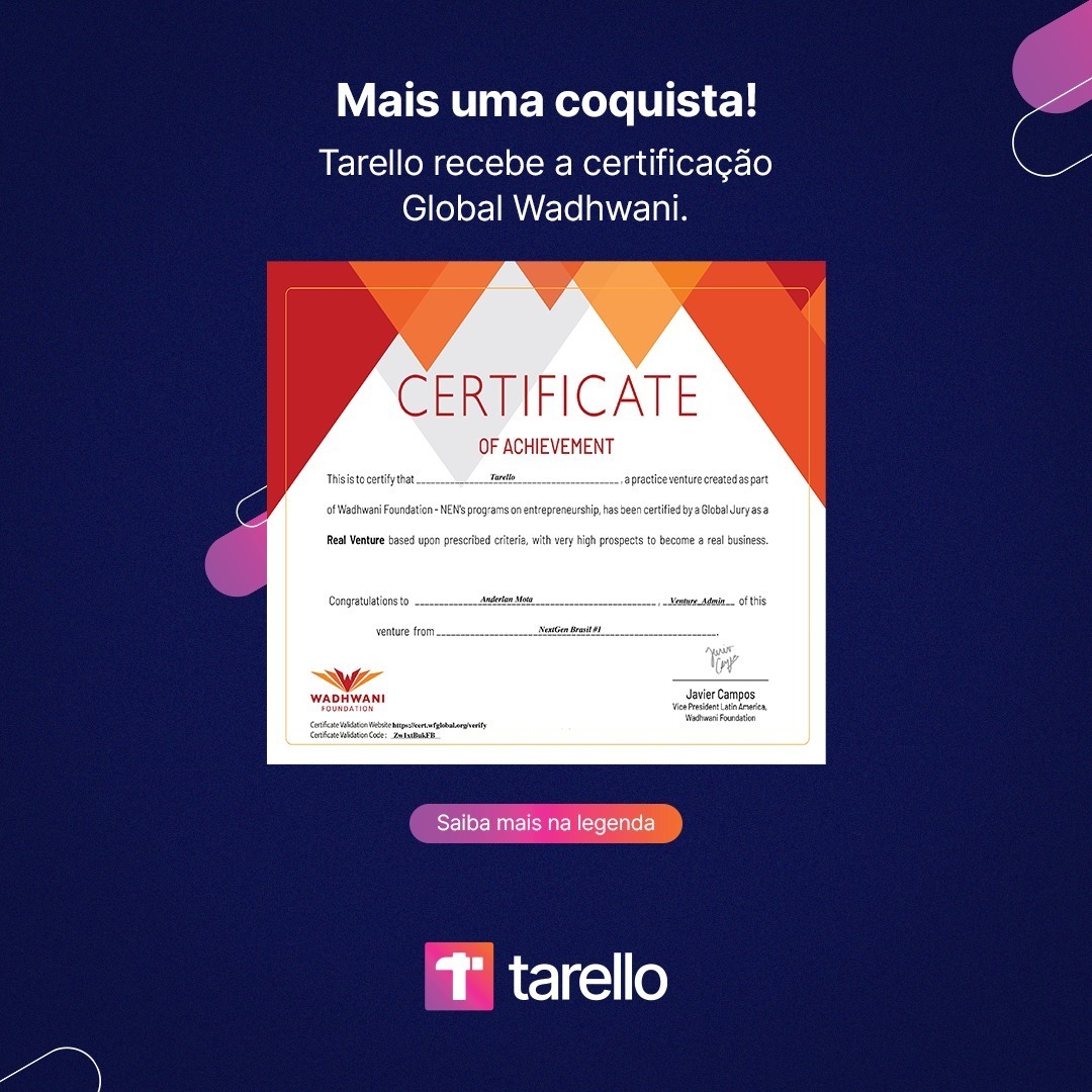 Tarellobr's tweet photo. A Tarello recebeu a certificação do Júri Global Wadhwani (@wfbrasil), um programa que visa o desenvolvimento de
empreendedores. 

Estamos muito felizes e prontos para continuarmos nossa jornada!

#wadhwanifoundation #wadhwani #empreendedorismo #liderança #tarello #brasil https://t.co/wEa1hUwAcN