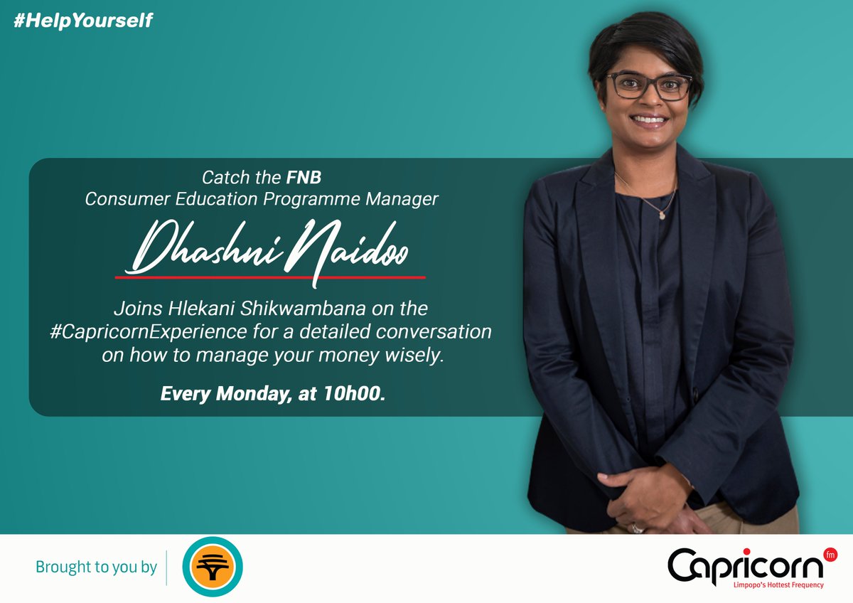 CapricornFM's tweet image. #HelpYourself | @FNBSA's Consumer Education series is back and as we are gearing up for the Festive Season, they are helping you not misuse that 13th check. 

Tune in via DStv channel 884 or on capricornfm.co.za 
#CapricornExperience