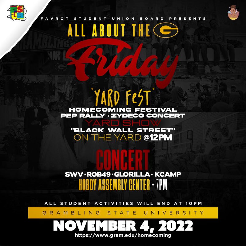 WhatsUpwithFSUB's tweet photo. #GramFam🐯Is this the day y’all been waiting on?🤩  We’re blocking off main street with the pep rally, zydeco concert, stroll off, and black market‼️I heard the artist are in the building! 🥳 Doors open at 6‼️#AllAboutTheG #GramHC22 https://t.co/GgrpuAipbA