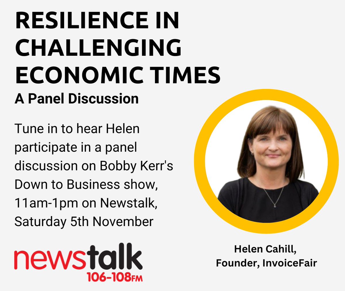 befinancefair's tweet image. 🔉 Tune in to hear our CEO @helenmcahill  along with other @EY Entrepreneur of the Year finalists participate in a live panel discussion on 'resilience in challenging economic times' with @bobbykerr on @NewstalkFM!  #EOYIreland2022 #EOY #ChangeMakers