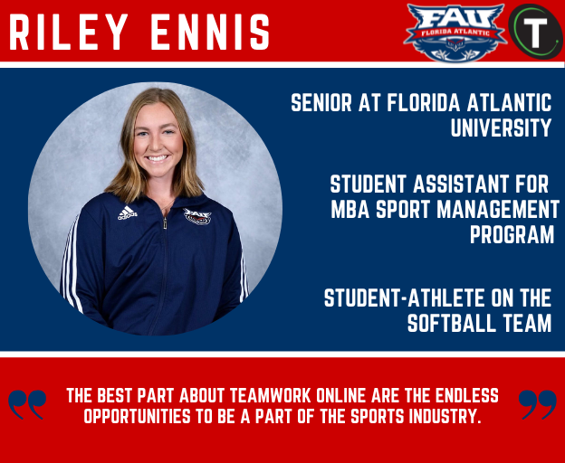 TeamWorkOnline's tweet photo. Today we spotlight Riley Ennis, our TeamWork U Student Ambassador from @FloridaAtlantic!
About Riley:
π Student assistant in FAU's MBA Sport Management Program
π₯ Member of FAU's Softball team
Great work Riley!
#FAU #studentathlete #MBA #TeamWorkU #careers https://t.co/Xfc2hzzr27