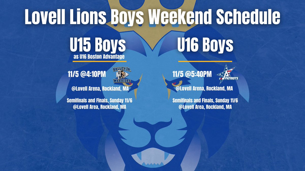 Lovell Academy (@lovellacademy) on Twitter photo ๐Both boys team will be in action this weekend for the <a href="/E9PrepLeague/">E9 Prep League</a> 2022 Playoffs!
All games this weekend will be at Lovell Arena in Rockland, MA with the Semifinals and Finals Sunday!
#lovellhockey #lionshockey ๐ฆ ๐Both boys team will be in action this weekend for the <a href="/E9PrepLeague/">E9 Prep League</a> 2022 Playoffs!
All games this weekend will be at Lovell Arena in Rockland, MA with the Semifinals and Finals Sunday!
#lovellhockey #lionshockey ๐ฆ